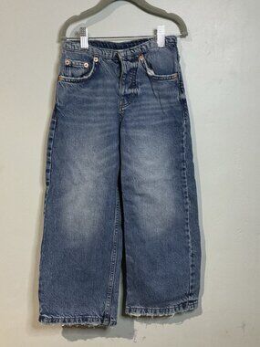 Zara Girls Size 7 Denim Baggy Blue Jeans Faded Wide Leg High Waisted